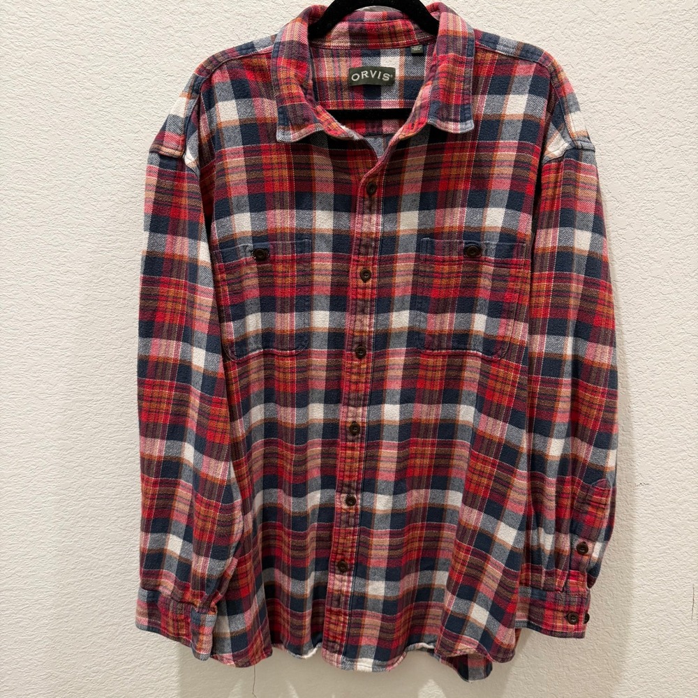 Orvis Mens XXL Red Navy Plaid Flannel Button Down Shirt 100% Cotton RN 70534